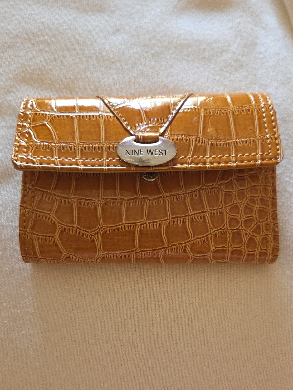 Nine West Croc-Embossed Camel Patent Wallet with Metal Logo